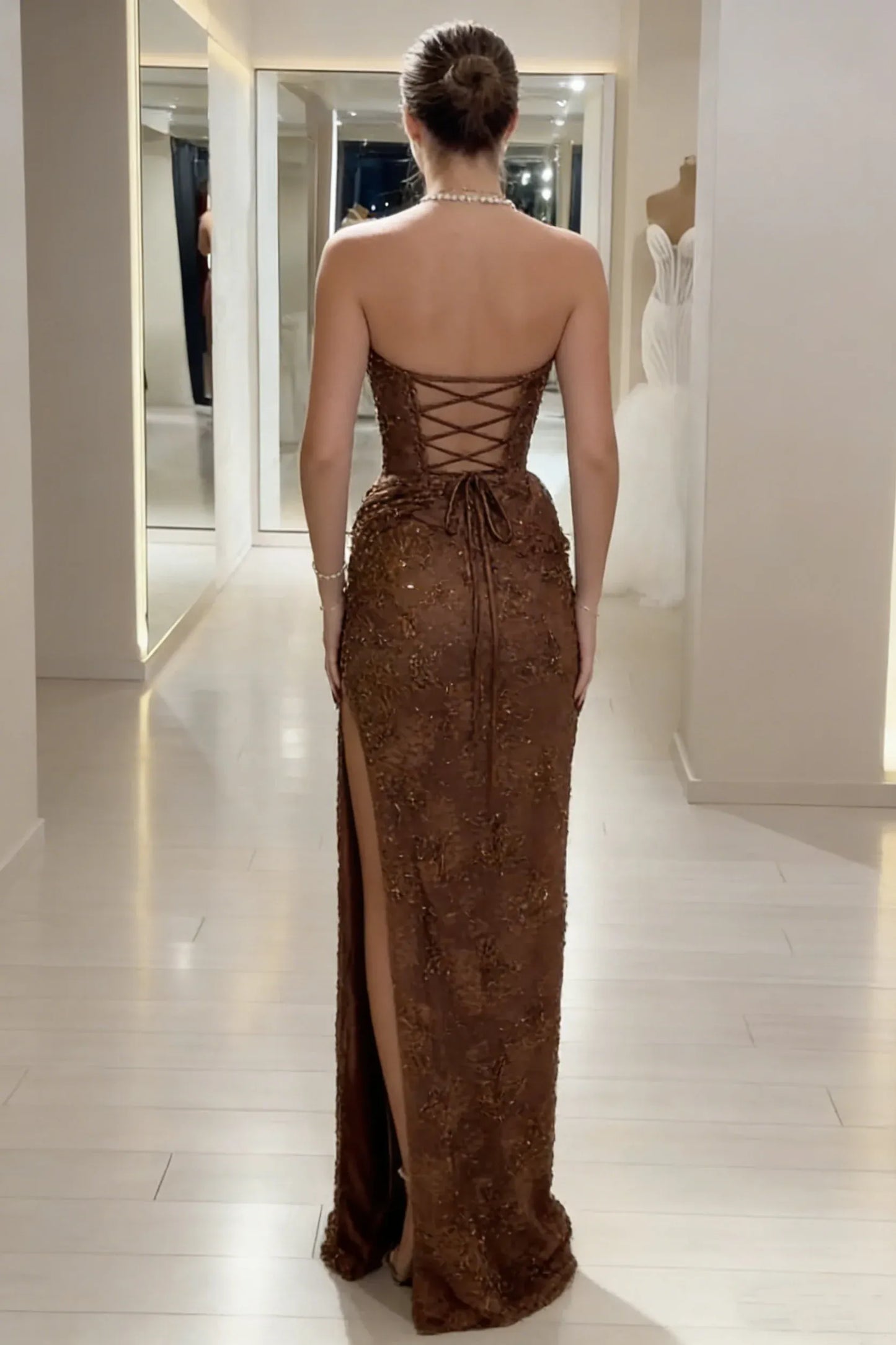 Elegant Strapless Lace-Up Sequin Slit Mermaid Evening Gown Prom Dress