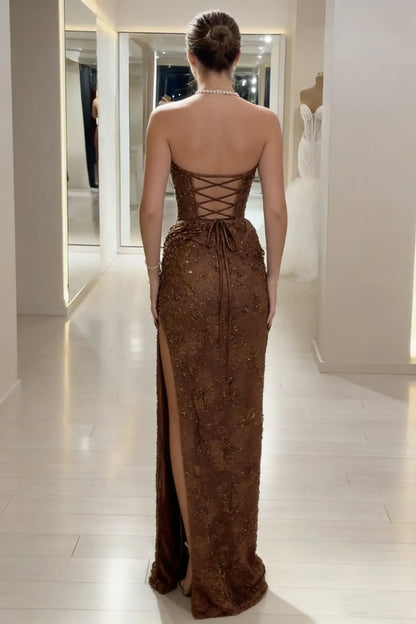 Elegant Strapless Lace-Up Sequin Slit Mermaid Evening Gown Prom Dress