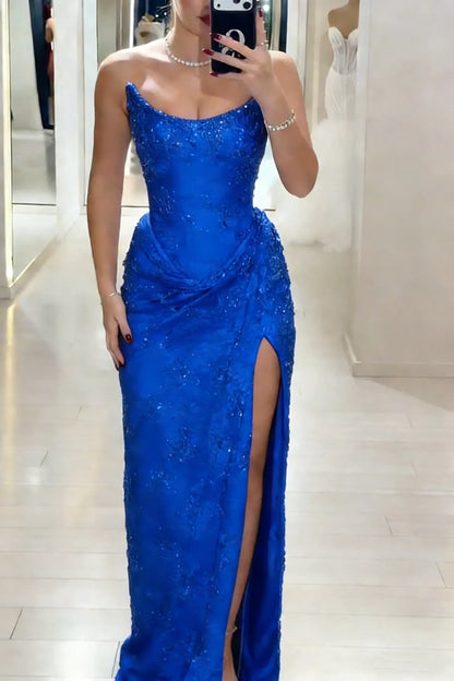 Elegant Strapless Lace-Up Sequin Slit Mermaid Evening Gown Prom Dress