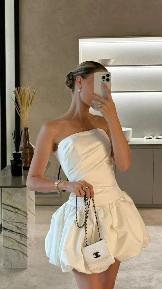 Elegant Strapless Satin Bubble Hem Mini Party Dress Homecoming Dress