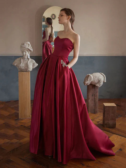 Elegant Strapless Satin Burgundy Floor-Length Prom Dress