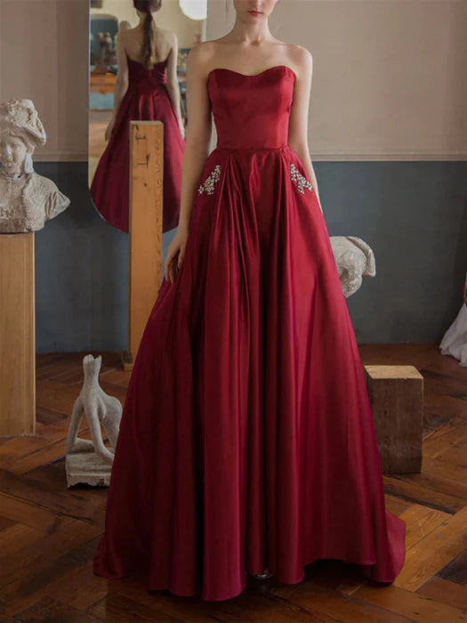 Elegant Strapless Satin Burgundy Floor-Length Prom Dress