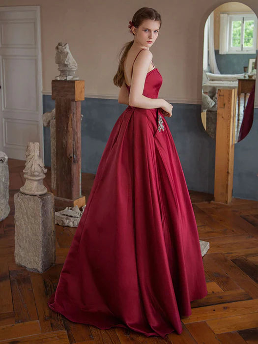 Elegant Strapless Satin Burgundy Floor-Length Prom Dress