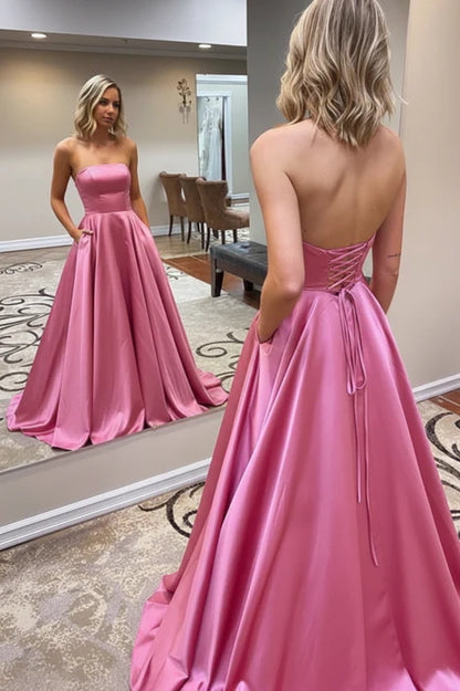 Elegant Strapless Sleeveless Satin Floor-Length Prom Dress