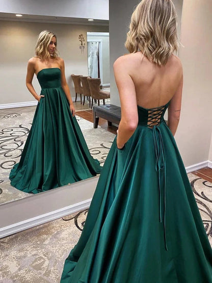 Elegant Strapless Sleeveless Satin Floor-Length Prom Dress