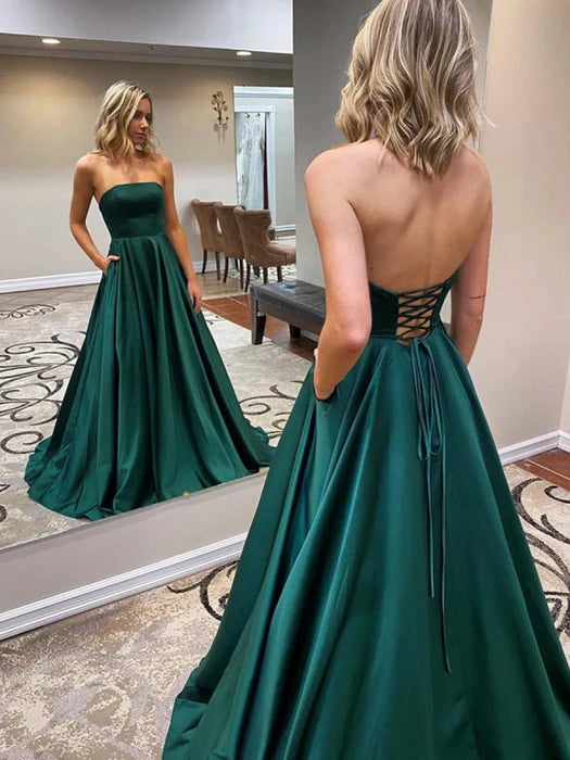 Elegant Strapless Sleeveless Satin Floor-Length Prom Dress