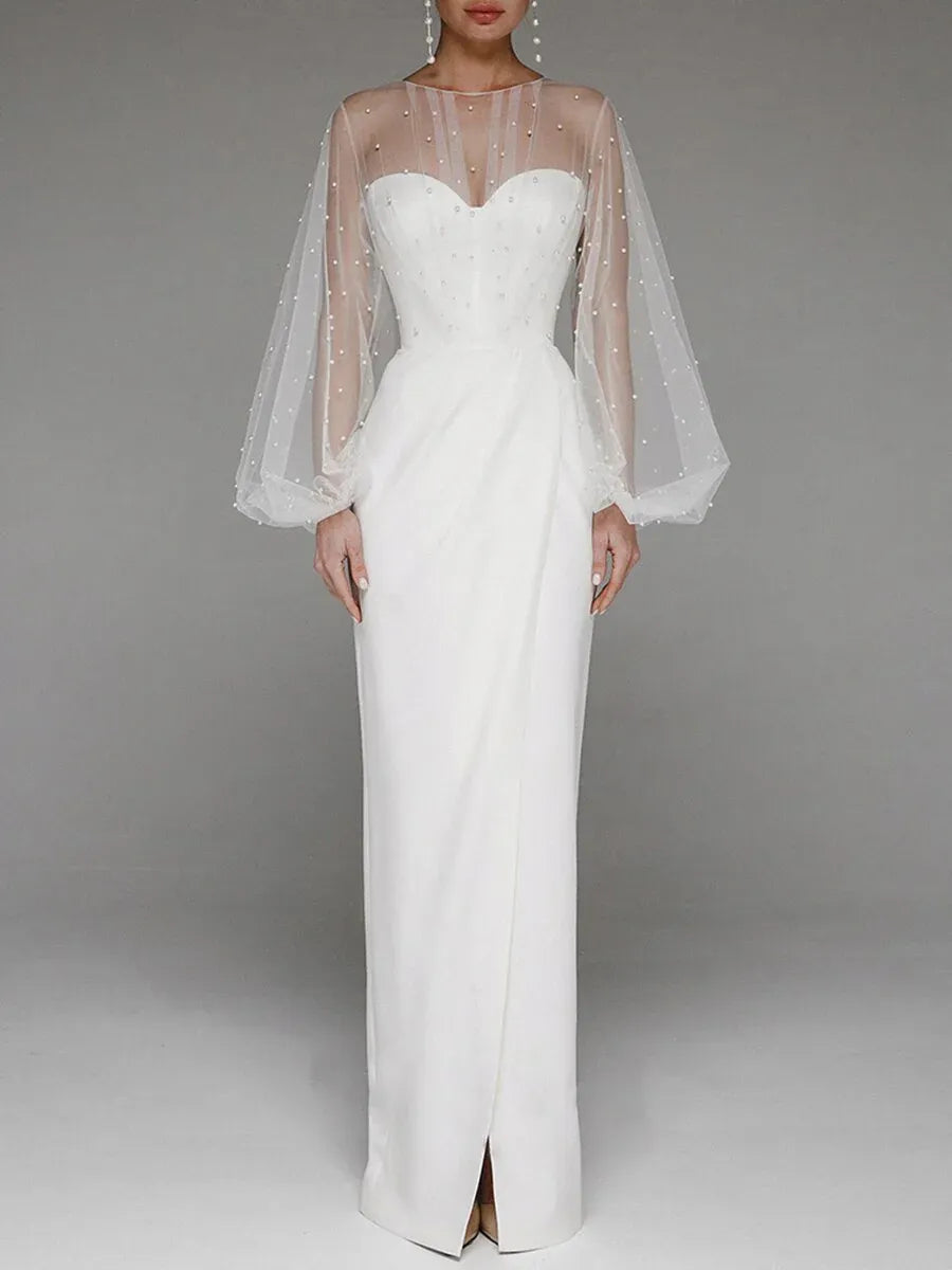 Elegant Sweetheart Sheer-Sleeve Pearl-Embellished White Floor Length Prom Dress