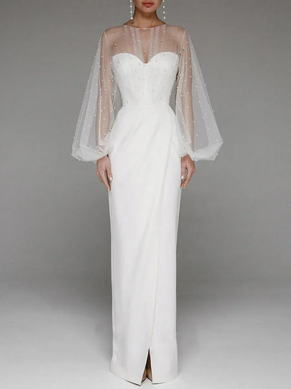 Elegant Sweetheart Sheer-Sleeve Pearl-Embellished White Floor Length Prom Dress