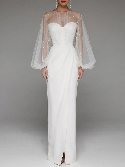 Elegant Sweetheart Sheer-Sleeve Pearl-Embellished White Floor Length Prom Dress