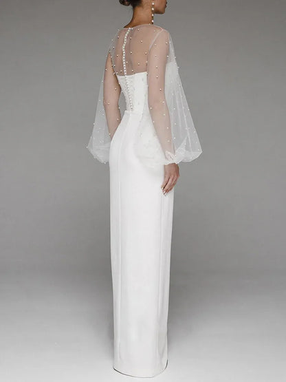 Elegant Sweetheart Sheer-Sleeve Pearl-Embellished White Floor Length Prom Dress