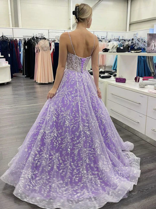 Elegant Sweetheart Spaghetti Strap Beaded Lavender Party Dress