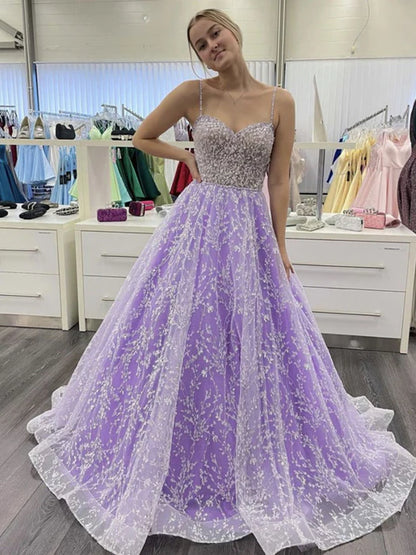 Elegant Sweetheart Spaghetti Strap Beaded Lavender Party Dress