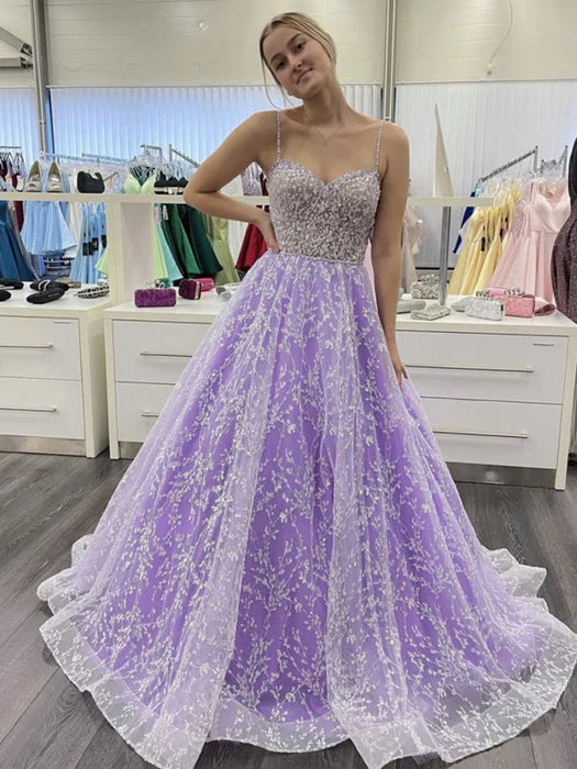 Elegant Sweetheart Spaghetti Strap Beaded Lavender Party Dress