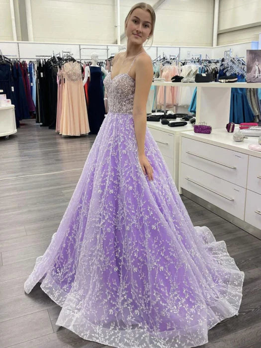 Elegant Sweetheart Spaghetti Strap Beaded Lavender Party Dress
