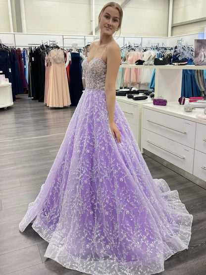 Elegant Sweetheart Spaghetti Strap Beaded Lavender Party Dress