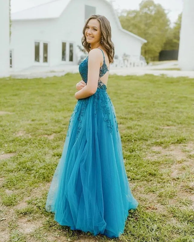 Elegant Tulle-Lace Maxi Evening Dress Teal Deep V Spaghetti Straps for Women
