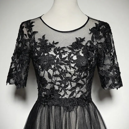 Elegant Tulle Long Evening Dress Black Illusion Neck Half Sleeve for Women