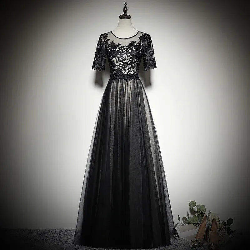 Elegant Tulle Long Evening Dress Black Illusion Neck Half Sleeve for Women