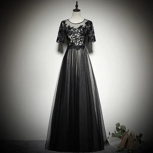 Elegant Tulle Long Evening Dress Black Illusion Neck Half Sleeve for Women