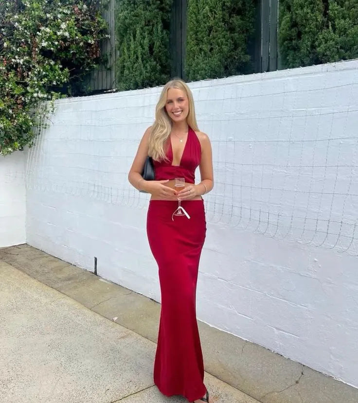 Elegant Two-piece V Neck Sleeveless Pleated Satin Floor-Length Prom Dress