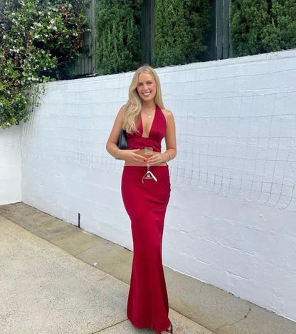 Elegant Two-piece V Neck Sleeveless Pleated Satin Floor-Length Prom Dress