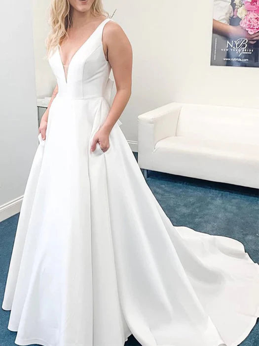 Elegant V-Neck Satin White Floor-Length Wedding Dress