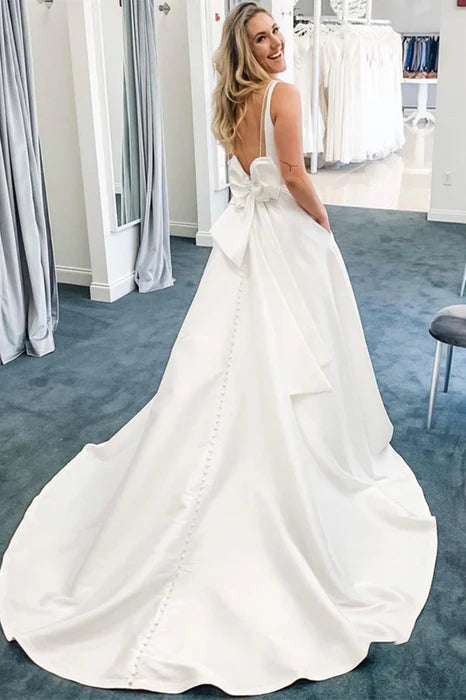 Elegant V-Neck Satin White Floor-Length Wedding Dress