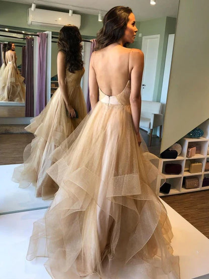 Elegant V-Neck Sleeveless Glitter Champagne Floor-Length Prom Dress