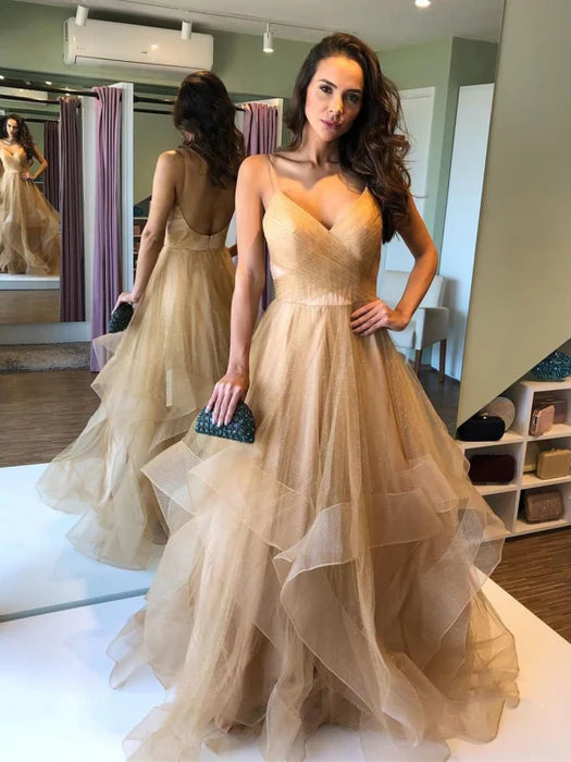 Elegant V-Neck Sleeveless Glitter Champagne Floor-Length Prom Dress