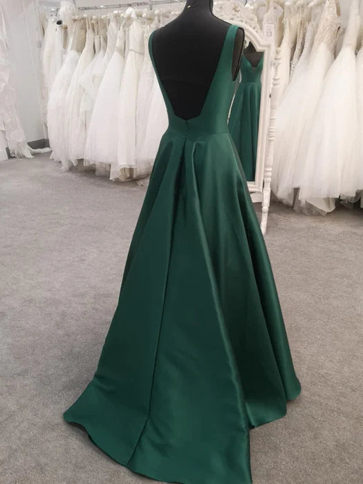 Elegant V-Neck Sleeveless Satin Emerald Floor-Length Prom Dress