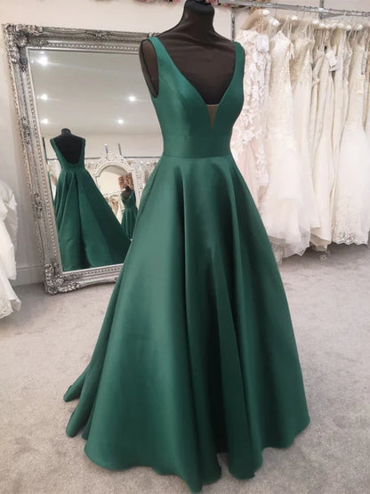 Elegant V-Neck Sleeveless Satin Emerald Floor-Length Prom Dress