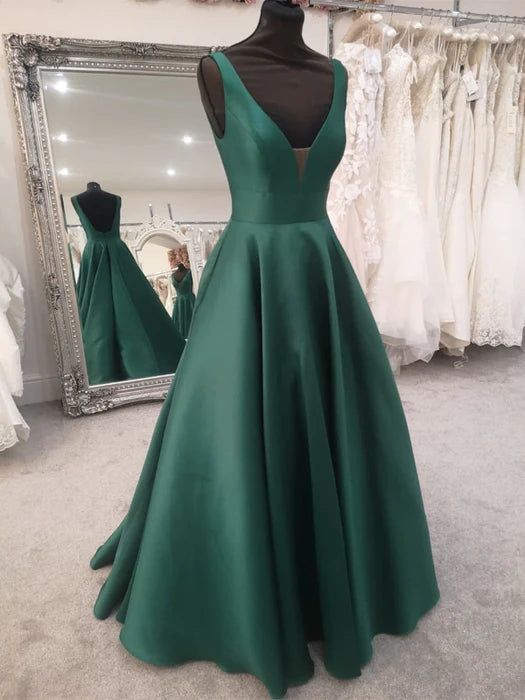 Elegant V-Neck Sleeveless Satin Emerald Floor-Length Prom Dress