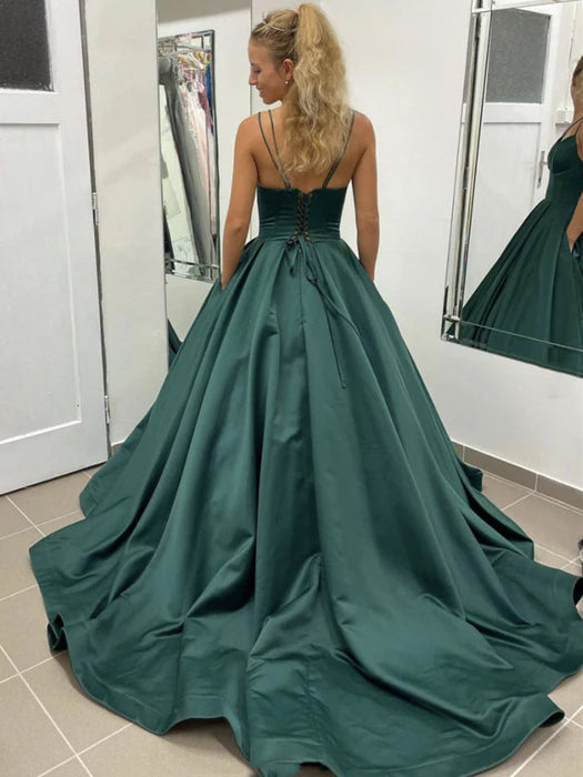 Elegant V-Neck Spaghetti Strap Satin Emerald Floor-Length Prom Dress
