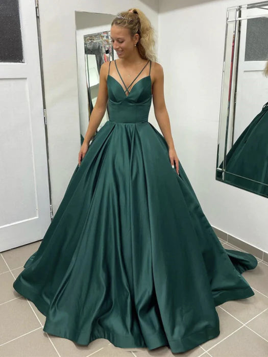 Elegant V-Neck Spaghetti Strap Satin Emerald Floor-Length Prom Dress