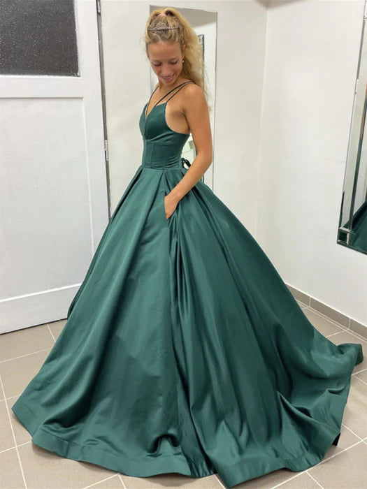 Elegant V-Neck Spaghetti Strap Satin Emerald Floor-Length Prom Dress