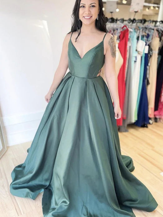 Elegant V-Neck Spaghetti Strap Satin Sage Green Floor-Length Prom Dress