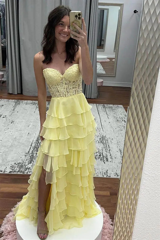 Elegant V Neck Sleeveless A-Line Chiffon Tiered Floor-Length Prom Dress