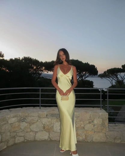 Elegant V Neck Sleeveless Fitted Satin Solid Color Floor Length Prom Dress
