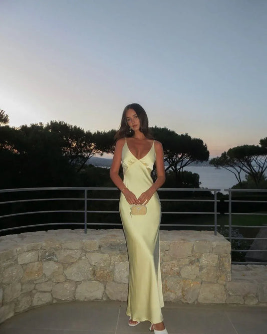 Elegant V Neck Sleeveless Fitted Satin Solid Color Floor Length Prom Dress