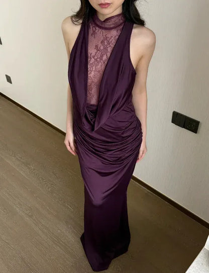 Elegant V Neck Sleeveless Sheath Satin Pleated Floor Length Prom Dress