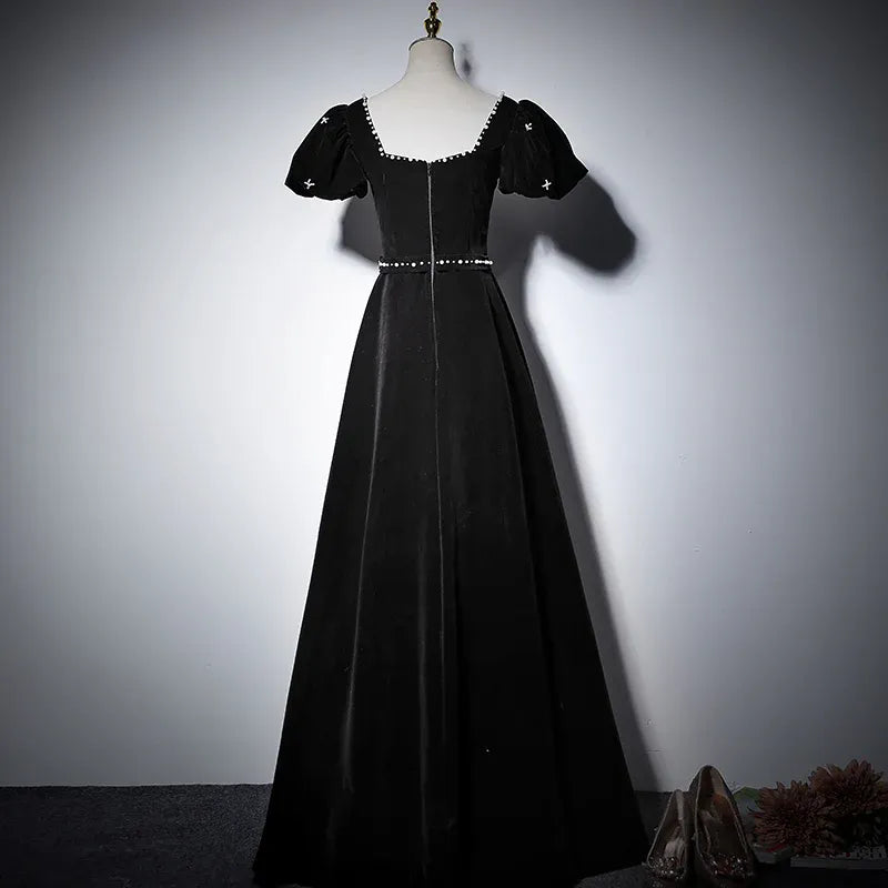 Elegant Velvet Long Evening Dress Black Square-Neck Puff-Sleeve Party Gown for Women