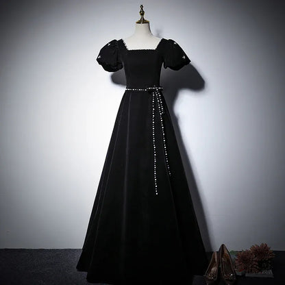 Elegant Velvet Long Evening Dress Black Square-Neck Puff-Sleeve Party Gown for Women