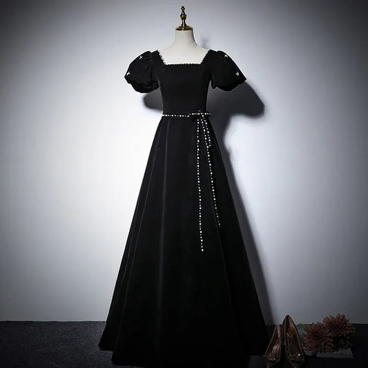 Elegant Velvet Long Evening Dress Black Square-Neck Puff-Sleeve Party Gown for Women
