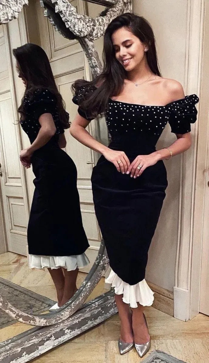 Elegant Velvet Midi Evening Dress Black Off-Shoulder Puff-Sleeve Formal Women