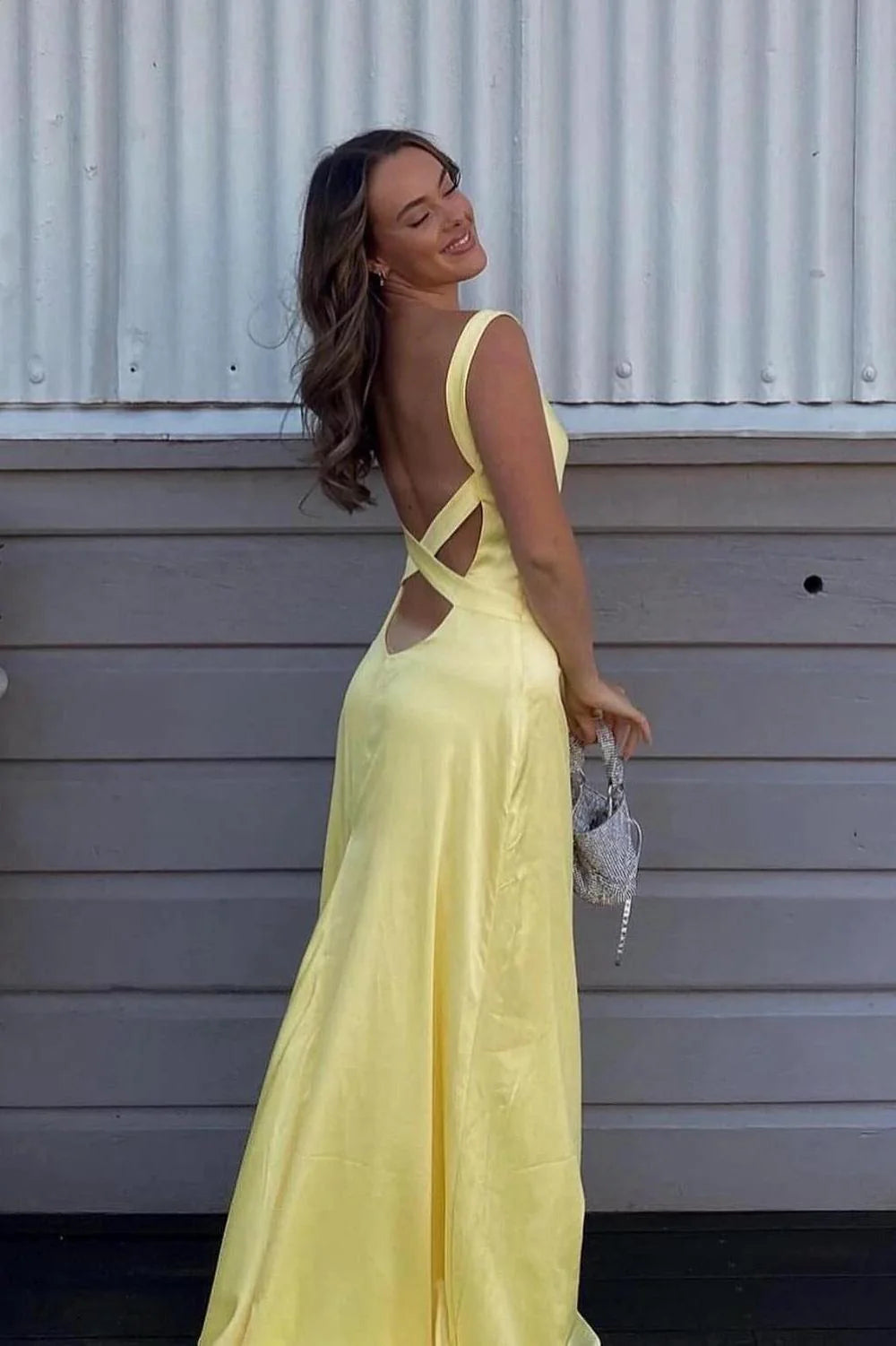 Elegant Yellow Cross Back Maxi Dress Sweetheart Backless Party Dress Prom Dress