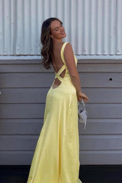 Elegant Yellow Cross Back Maxi Dress Sweetheart Backless Party Dress Prom Dress