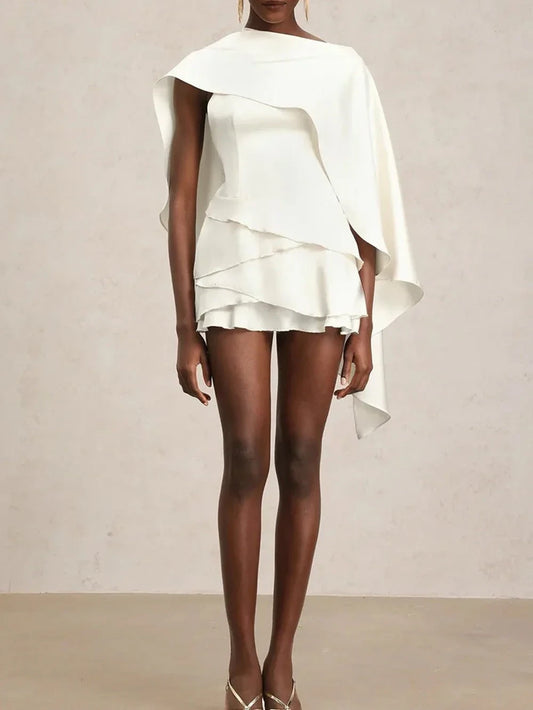 Elegant A-Line Asymmetric Draped Ruffled Chic White Mini Homecoming Dress