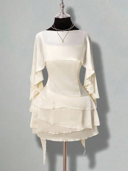 Elegant A-Line Boat Neck Cap Sleeves Tiered Ruffle Satin Ivory Mini Homecoming Dresses