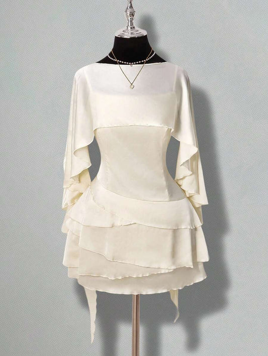 Elegant A-Line Boat Neck Cap Sleeves Tiered Ruffle Satin Ivory Mini Homecoming Dresses