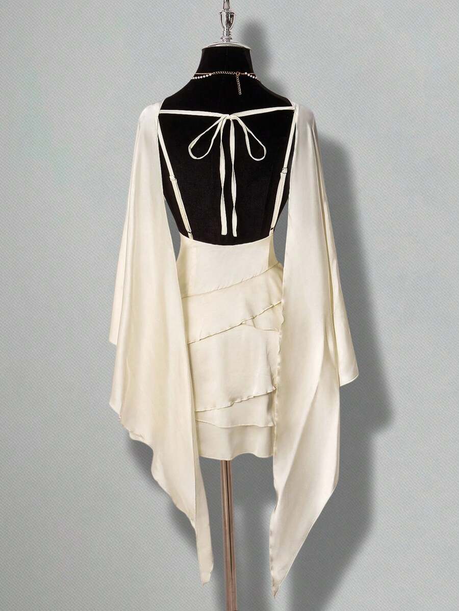 Elegant A-Line Boat Neck Cap Sleeves Tiered Ruffle Satin Ivory Mini Homecoming Dresses